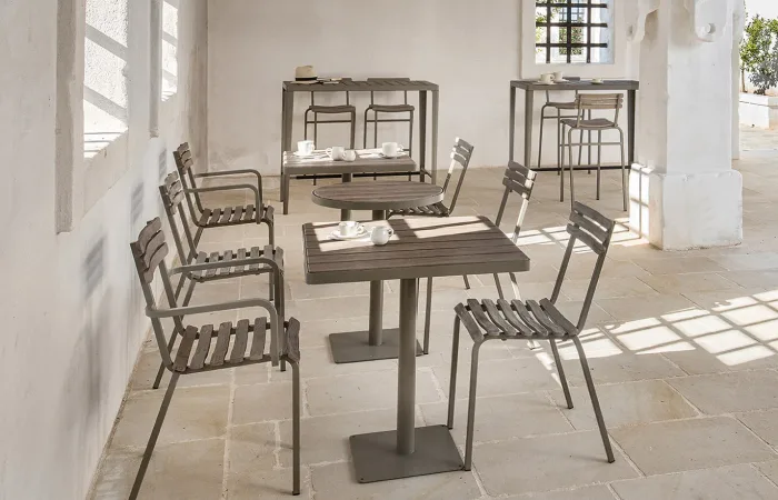 laren dining table with laren stacking armchair and bar stool